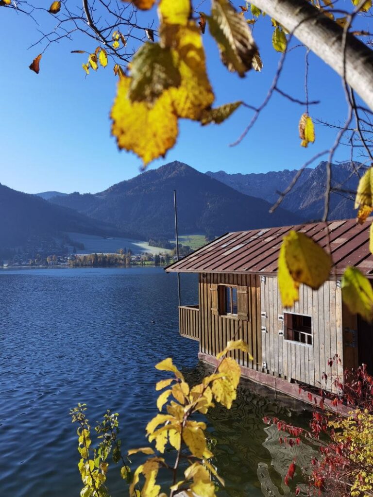 Idyllischer See in den Alpen: Der Walchsee im Herbst